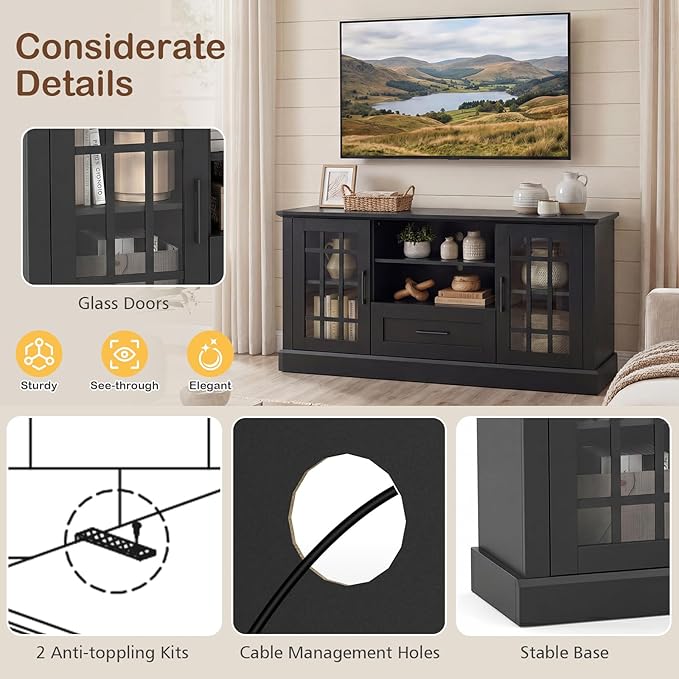 Tangkula Farmhouse TV Stand for TV up to 65 70 Inches Tall Media Console Table with 2 Glass Storage Cabinets 1 Drawer &amp 2 Open Shelves Wooden Entertainment Center for Living Room (Black)