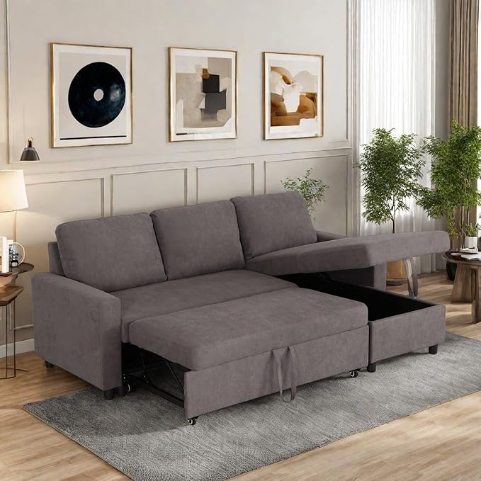 FONTOI 83 Inch L Shaped Sectional Couch with Pull Out Bed 3-Seat Sleeper Sofa with Chaise Convertible Sofa Bed for Living Room Apartment Gray