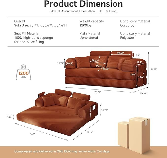 Upgraded 79 High Backrest Sofa Bed with Fixed Frame Corduroy Fabric Convertible Couch for Small Spaces Removable Armrests &amp Backrest No Assembly Required (High Backrest Orange) | Convertible