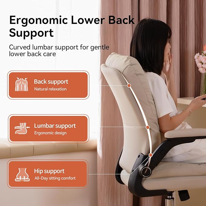 LEAGOO Ergonomic Executive Office Chair Mid Back Comfy Desk Chairs with 3D Padded Flip-up Arms Faux Leather Computer Rolling Chair with Wheels for Home Adjustable Height 300lbs Beige