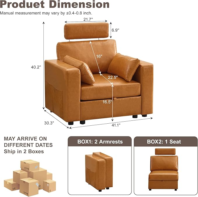 41.1 Accent Sofa Chair with Storage Faux Leather Living Room Chairs with Headrest and Side Pockets Mid Century Modern Arm Chair Upholstered Comfy Single Couch Reading Club Chairs Brown