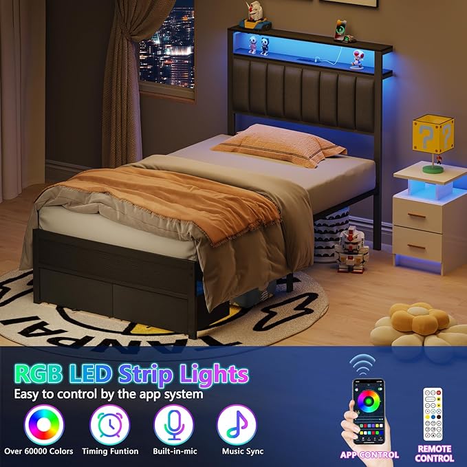 Furnulem Twin Bed Frames with Charging Station and LED Lights Grey Upholstered Headboard with Shelves Metal Platform Bed with 2 Under-Bed Storage (Fabric Drawer on Wheels) No Box Spring Needed
