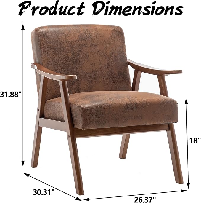 Mid Century Modern Accent Chair Upholstered Armchair Comfy with Wood Legs Siting Chair with Soft Cushion PU Leather Side Chairs for Living Room Bedroom Office (Microfiber Brown)