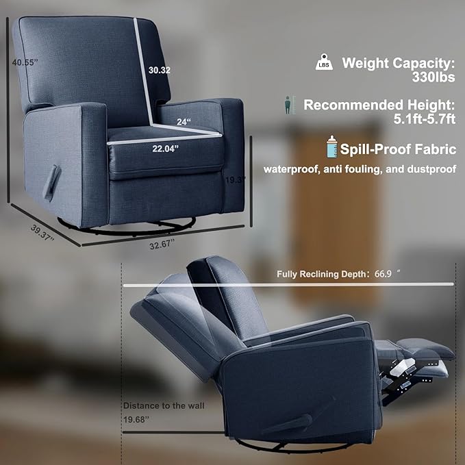 Harkawon Swivel Rocker Recliner Chair Glider Rocker Recliner Rocking Chairs Nursery Fabric Chair with High Back Deep Seat for Living Room Bedroom Blue