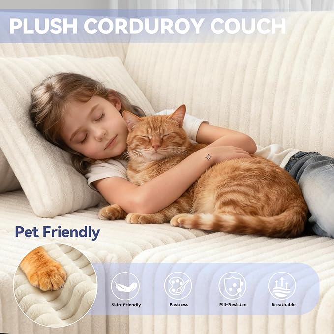 135 U Shaped Boneless Couch Oversized Boneless Sectional Couches for Living Room Large Modular Sofa with Ottoman Plush Corduroy Couch with Deep Seat Chaise No Assembly Beige
