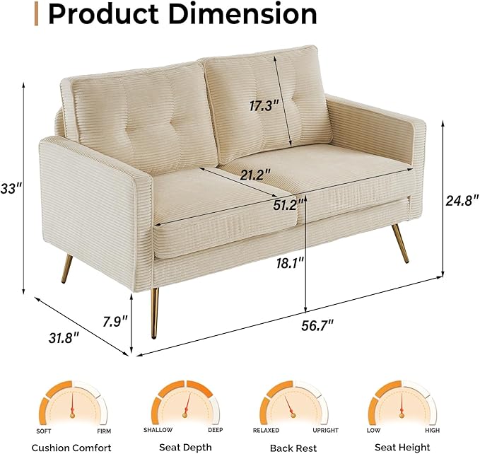 VINGLI 56 Modern Beige LoveseatSmall Corduroy Sofa Couch Deep Seat for Living Room2-Seater Loveseat Sofa for BedroomApartmentOfficeDormSmall Space