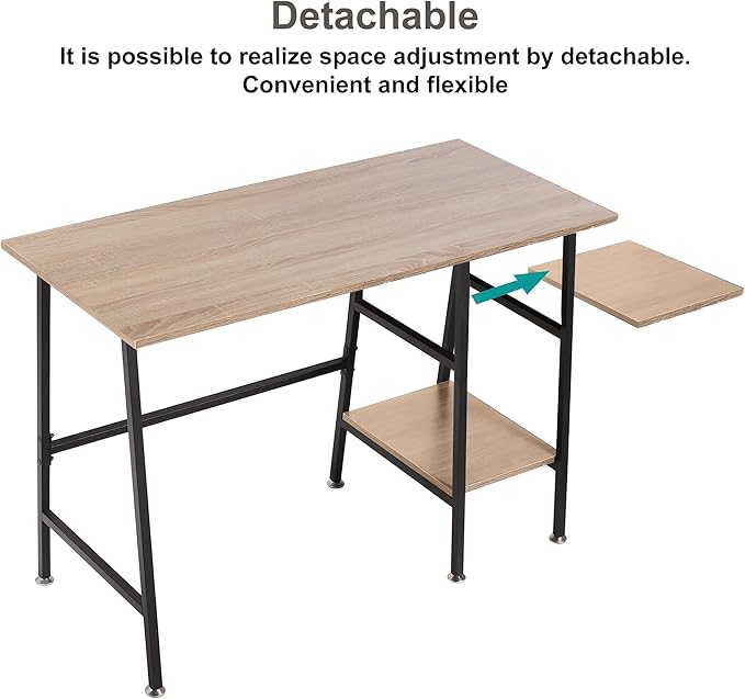 VECELO 43 Inch Writing Desk Home Office Home Office Study Tables with 2 Tier Storage Shelves Eiton Left or Right Side Simple Industrial Style with Adjustable Feet and Water Proof Surface Oak Desk
