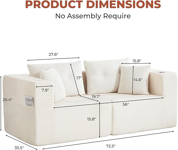 73 Loveseat Modular Sectional Sofa Oversized 2-Seater Boneless Tufted Cloud Couch with Cup Holder Corduroy Upholstery Small Couches for Living Room No Assembly Beige