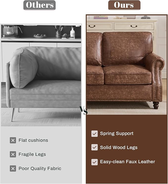 Kingfun Mid-Century Modern Couch Faux Leather Sofa Set 3 Seater Couch for Living Room with Rolled arms &amp Nailhead Trim Dark Brown