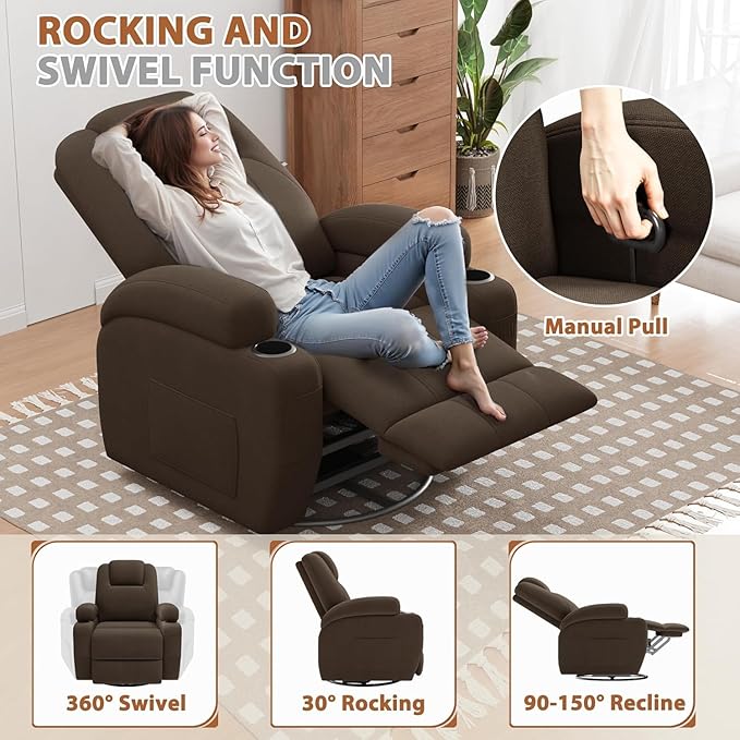 Flamaker Swivel Rocker Recliner Chair with Vibration Massage 360° Swivel Recliner Chairs for Adults Ergonomic Lounge Chair with Cup Holders Lazy Boy Recliner Single Sofa Seat (Fabric Brown)