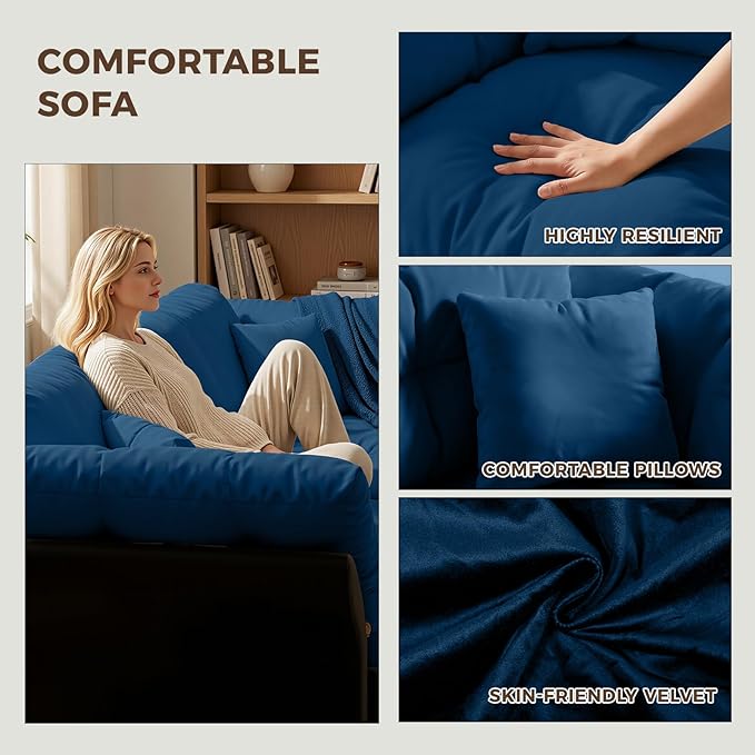 74.8 Queen Pull Out Couch BedVelvet Convertible Pull-Out Sofa Bed with Side Pockets3-in-1 Queen-Size Sleeper SofaSleeper Loveseat for Living RoomApartment Offices (Blue)