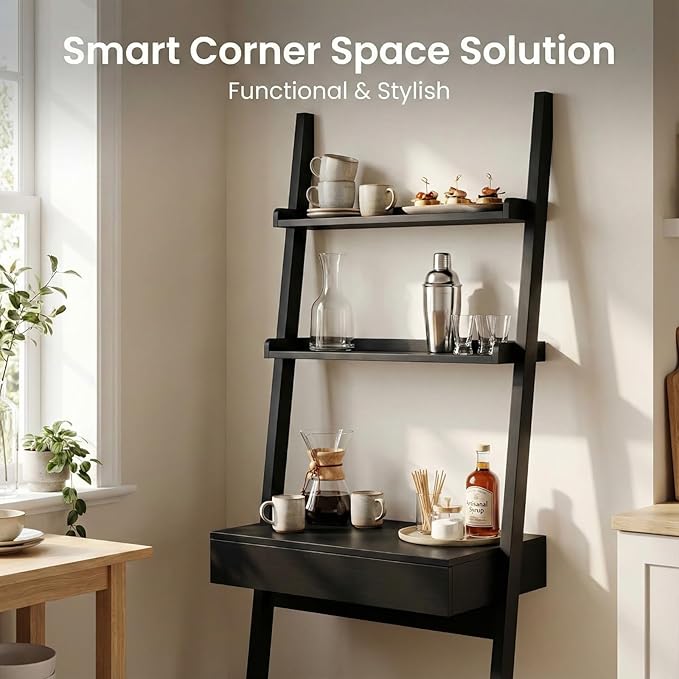 Home Office Desk with Ladder Shelf &amp Drawer Computer Writing Desk with Storage Shelves Modern Small Desk for Bedroom Study