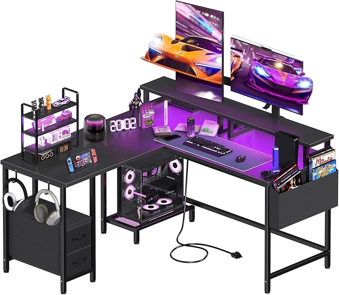 Lufeiya L Shaped Gaming Desk with Led Lights and Power Outlets 48 Inch Corner Home Office Desk with Monitor Stand Shelves Writing Study Computer Desks with Fabric Drawers for Bedroom Black
