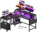 Lufeiya L Shaped Gaming Desk with Led Lights and Power Outlets 48 Inch Corner Home Office Desk with Monitor Stand Shelves Writing Study Computer Desks with Fabric Drawers for Bedroom Black