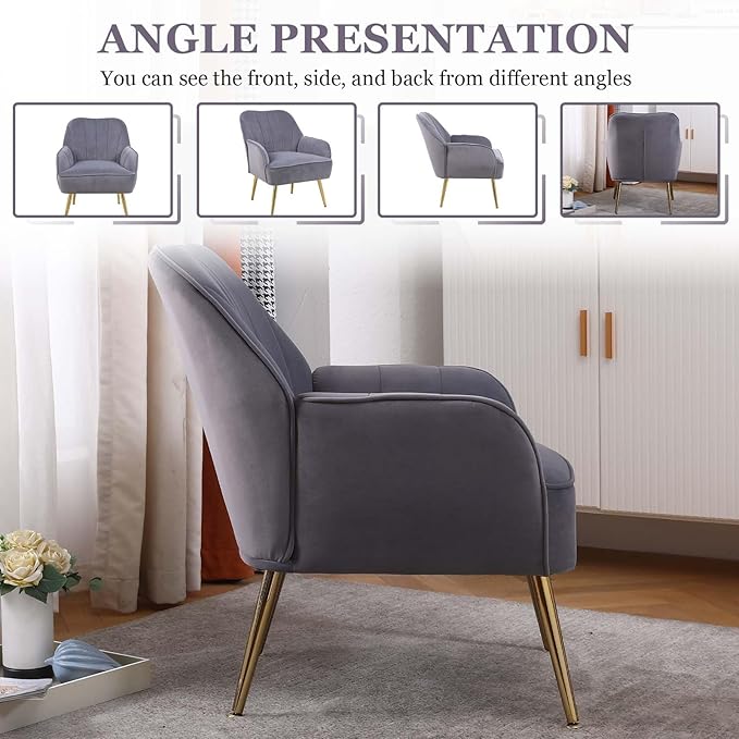 Accent Chair with Arms Arm Chair with Gold LegsVelvet Upholstered Reading Chair with Back for Living Room Bedroom (Grey 2)