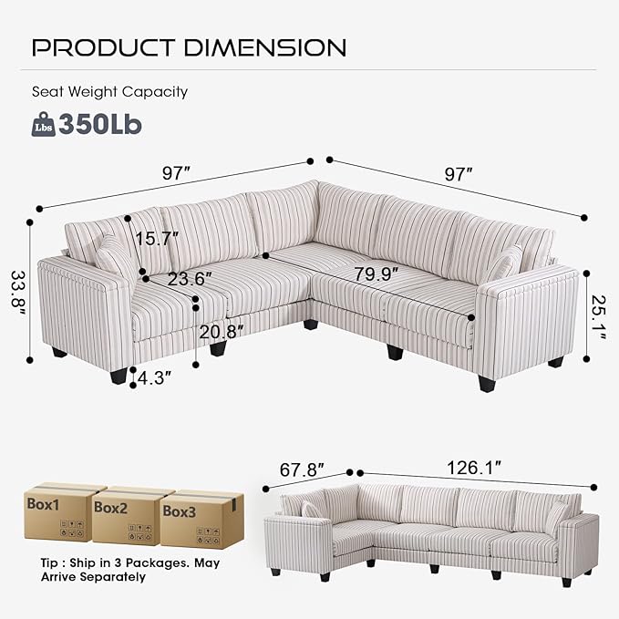 97 L Shaped Couch Corner Sofa 5 Seater Oversized Cloud Couch with 2 Pillows Modular Sectional Sofa Armrests with Two Hidden Storage Space Sectional Couches for Living Room Blue Stripe