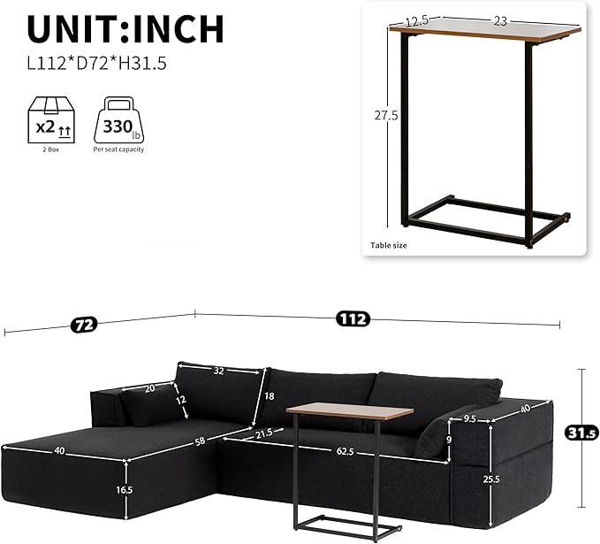 112 Modular Cloud Couch Sectional with Side TableBoneless Couch with Boucle FabricCompressed Foam Sectional Sofa with Left Facing ChaiseL-Shaped Sofa for Living RoomNo Assembly RequiredBlack
