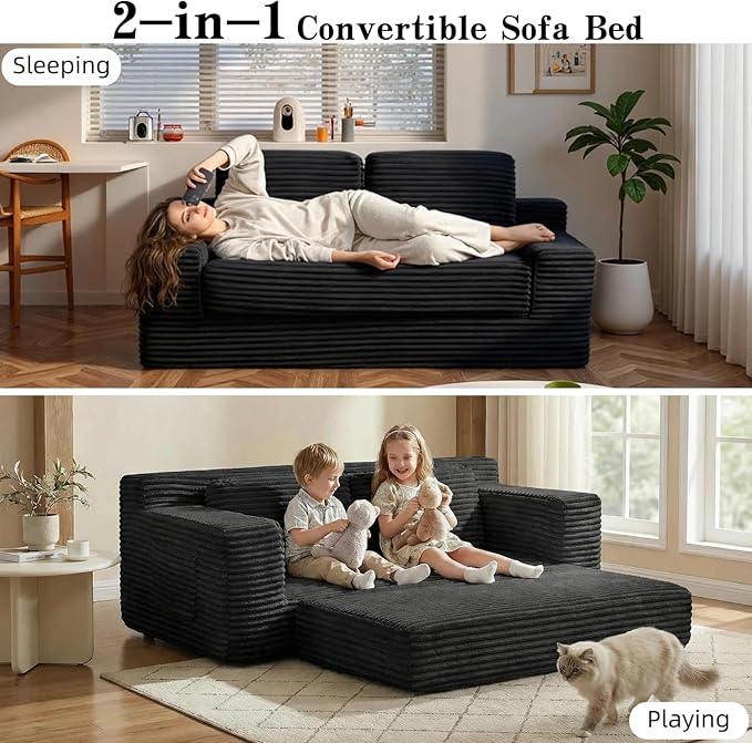 71 Corduroy Cloud Loveseat Sofa Bed Pull Out Convertible 2-in-1 Boneless Couch Deep Seat 2-Seater Design No Assembly Floor Sofa with Side Pockets for Living Room Bedroom Apartment (Black) | Pul