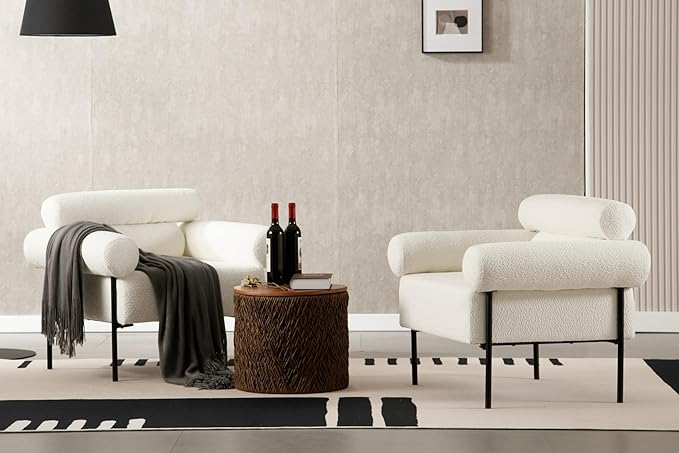White Boucle Accent Chair Armchair Modern Accent Chair Oversized Leisure Reading Arm Chair Single Sofa for Living Room