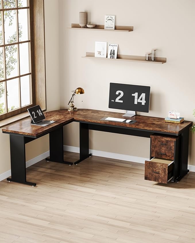 LITTLE TREE 83 Inch L-Shaped Office Desk with Drawers Large Executive Office Desk with Storage Wooden Computer Desk with File Cabinet Modern Work Desk for Home Office Brown