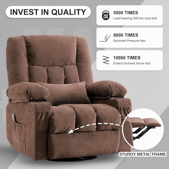 Swivel Rocker Recliner Chair with Vibration Massage and Heating Functions for AdultsOversized Recliner Single Sofa with Side PocketTwo Cup Holders and USB Charge Port for Living Room and Bedroom