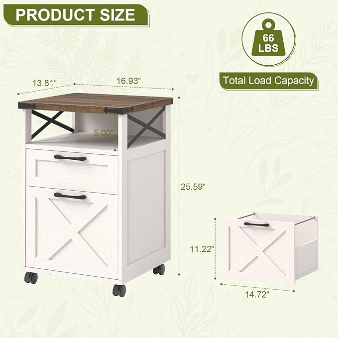 Farmhouse Filing Cabinet with Open Storage Space &amp Wheels Office Filing Vertical Cabinet with 2 Drawers Printer Stand for Hanging Files Letter/A4 Under Desk Storage Cabinets for Home Office. Wh