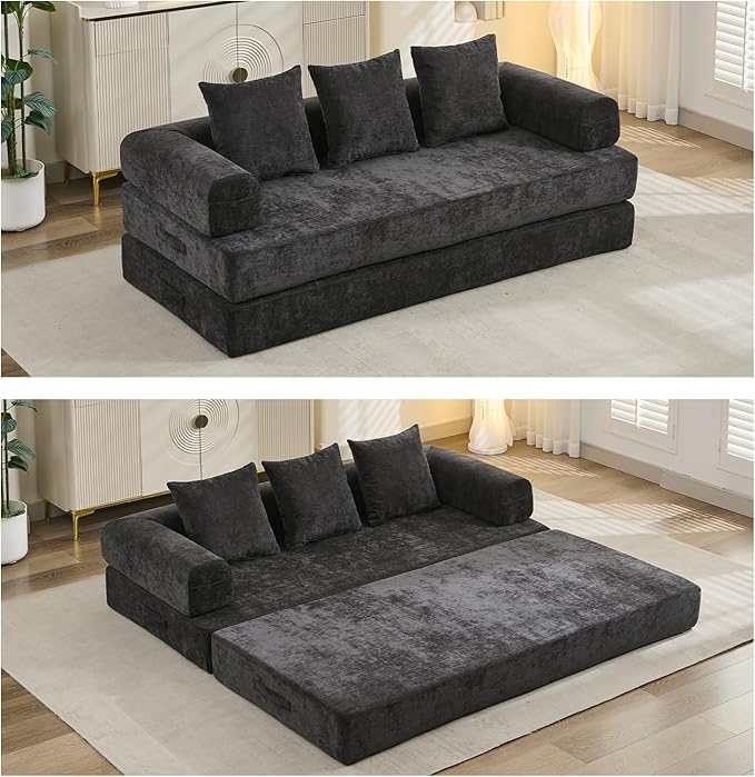 Compression Sofa Convertible Sofa Bed Modular Couch with Pillow Comfy Chenille Fabric Couch with Memory Foam Lounge Floor Sofa for Living Room Bedroom (Black)