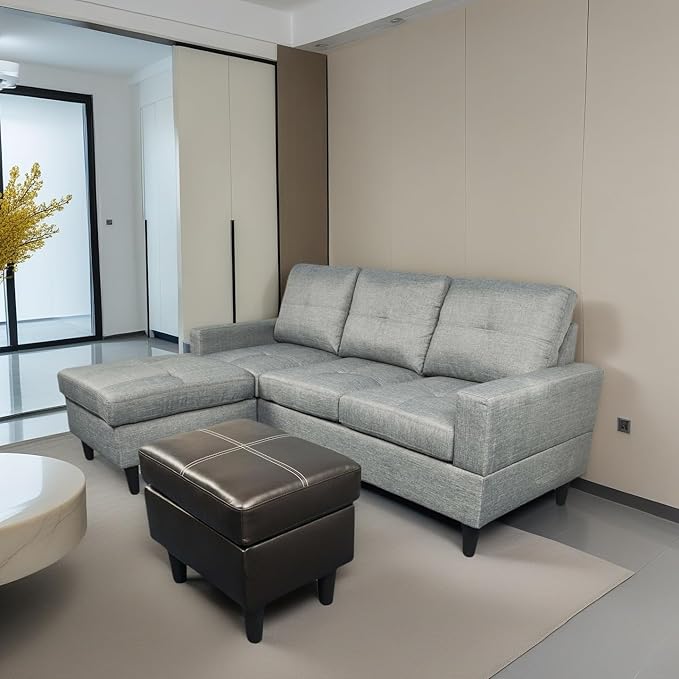 FONTOI L Shaped Sofa with Ottoman Modern Faux Leather Couch with Chaise 3 Seat Living Room Sofa Set with Solid Wood for Home Apartment Study Room Brown Grey