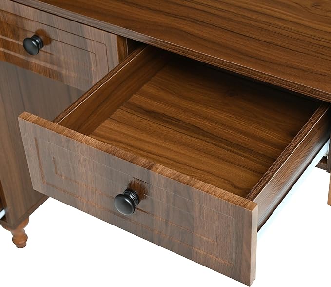 Anwick 47-inch Retro Executive Desk with Charging Ports Hutch Cabinet 5 Storage Drawers &amp Transparent Glass-Door Bookshelf for Home Office Bedroom - Walnut Finish