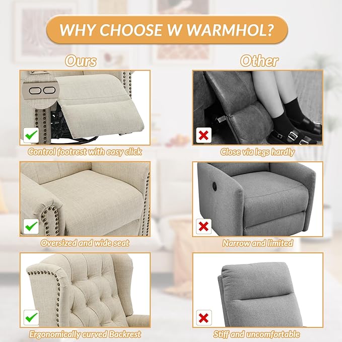 Power Swivel Rocking Glider Recliner Chair Electric Nursery Reclining Sofa Chair with Heat and Massage Wingback Tufted Upholstered Recliner for Living Room USB and Type-C Ports Beige