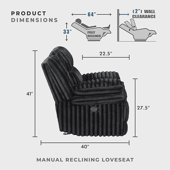 Lexicon Manual Double Reclining Loveseat with Center Console Corduroy Manual Wall Hugger Recliner Couch Pillow Top Arms Cup Holders Hidden Storage Cozy Loveseat for Living Room Black