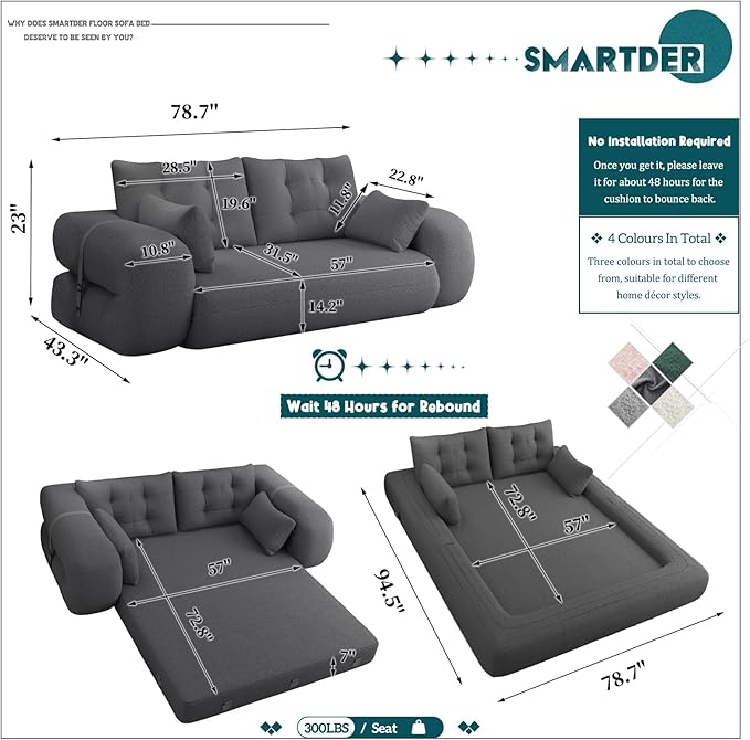 Convertible Sofa Bed with Folding Mattress Oversized Human Dog Bed 3-in-1 Sleeper Couch with Pillows and Thick Armrests 78.7 King Size Floor Sofa for Living Room Bedroom Guest Room Grey Teddy
