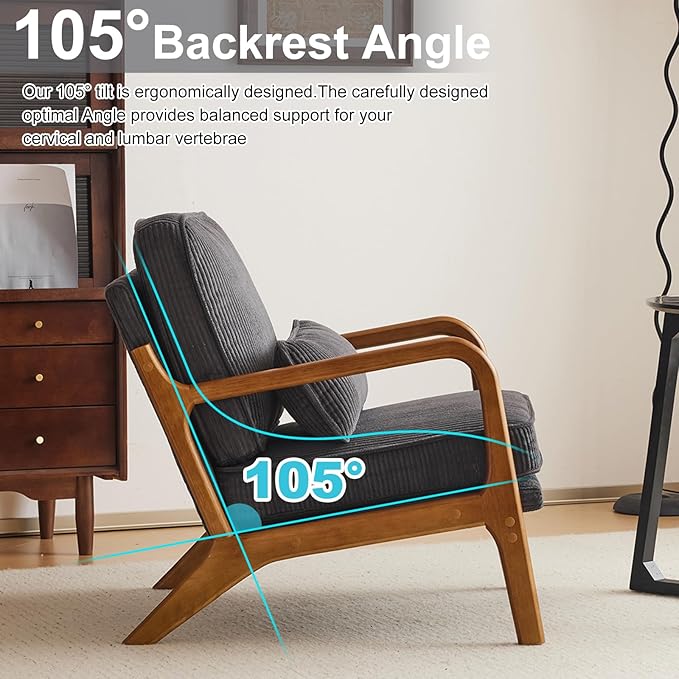 Karl home Mid-Century Modern Accent Chair Living Room Chairs with Pillow Corduroy Upholstered Lounge Armchair with Solid Wood Frame &amp Soft Cushion for Bedroom Reading Room Dark Gray