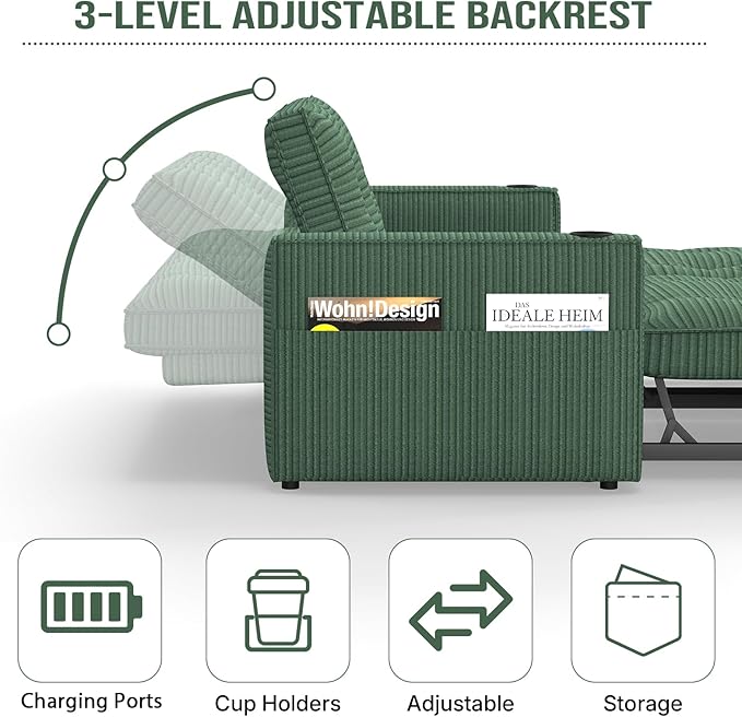 Rovibek 73.2 Convertible Sofa Bed Pull Out Couch with USB Charging Port &amp Cup Holders Adjustable Backrest Side Pockets Modern Corduroy Sleeper Sofa for Living Room Bedroom Apartment Green