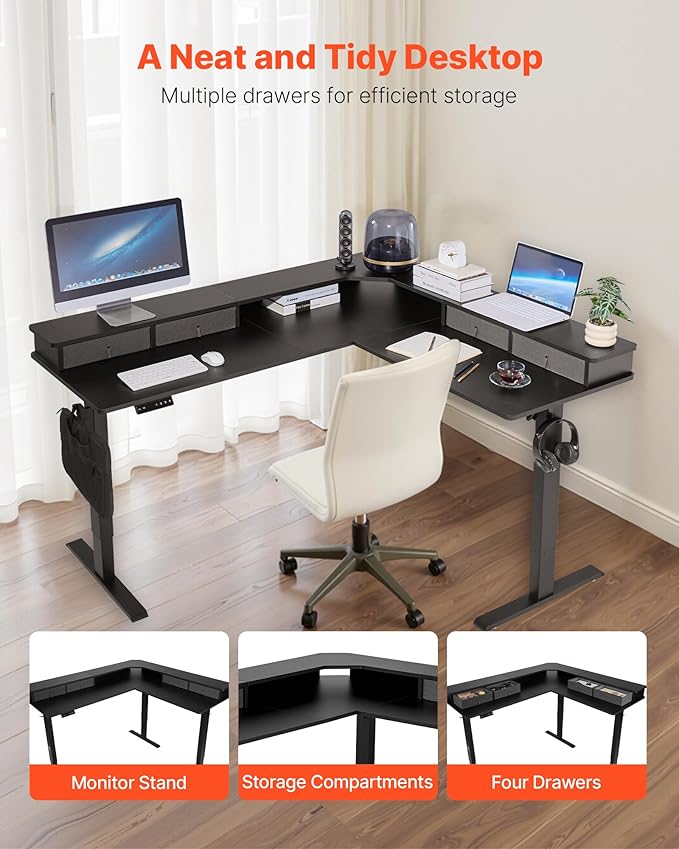 VEVOR 63'' Electric L Shaped Standing Desk 3 Memory Height 2-Tier Corner Table with 4 Drawers Storage 2 Hooks &amp Cable Hole Heavy Duty Carbon Steel Sit Stand Computer Workstation Easy to Assem