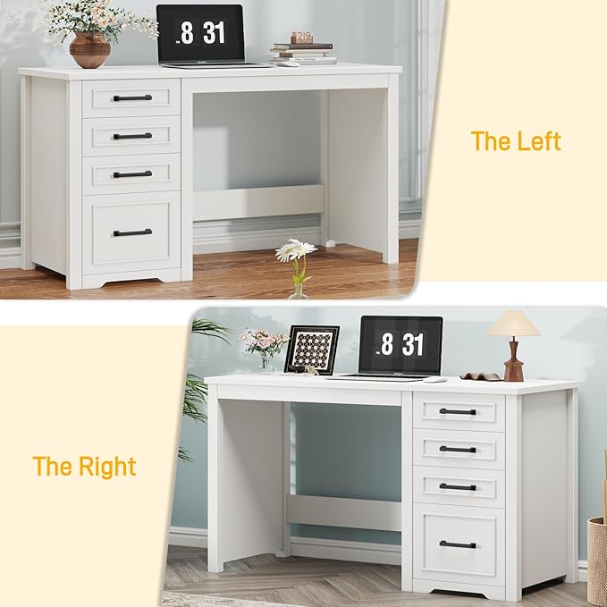 Vabches Farmhouse 49” Executive Desk with File Drawer 4 Drawers Reversible Computer Desk with Storage Rustic Home Writing Workstation for Home Office Cream White