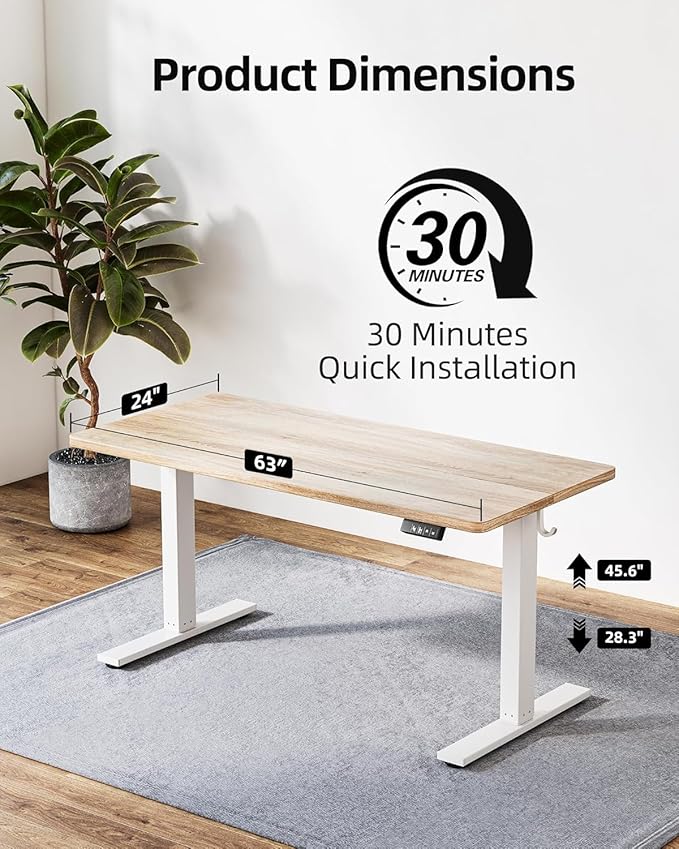 TIQLAB 63 x 24 Inch Electric Standing Desk Sit to Stand Up Work Home Office Table for Study Writing and Games Splice Board Maple