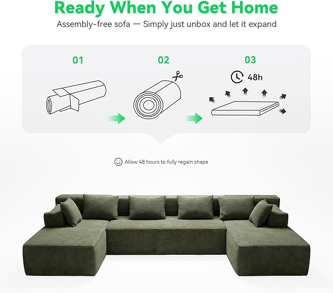 141 Modular Sectional Sofa 6-Seat U-Shaped Cloud Couch with 2 Removable Armrests &amp 6 Throw Pillows Boneless Couches for Living Room No Assembly Green | Convertible