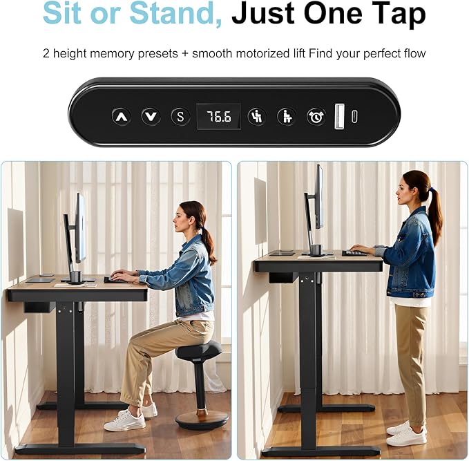 Electric Standing Desk with Drawer and Wireless Charging 48 Inch Sit Stand Desk with USB Charging Station Hidden Cable Management Tray Height Adjustable Computer Desk for Home Office Walnut