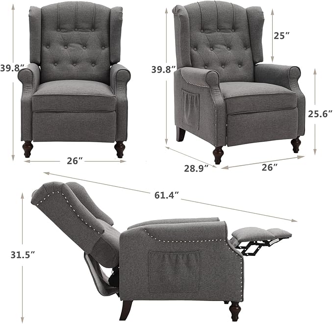 IPKIG Recliner Chair with Heated and Massage Tufted Button Wingback Design Push Back Chair Recliners Armchair Accent Chairs with Side Pockets for Living Room Bedroom Home Office (1 Grey)