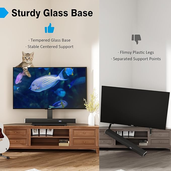 Universal TV Stand - Table Top TV Stand for 27-60 inch LCD LED TVs - 9 Level Height Adjustable TV Base Stand with Tempered Glass Base &amp Wire Management VESA 400x400mm