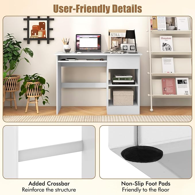 Computer Desk with Drawers Modern Office Desk with Keyboard Tray and Open Storage Shelf Study Table for Kids White Home Office Desks Small Desk for Bedroom Living Room Study (White)