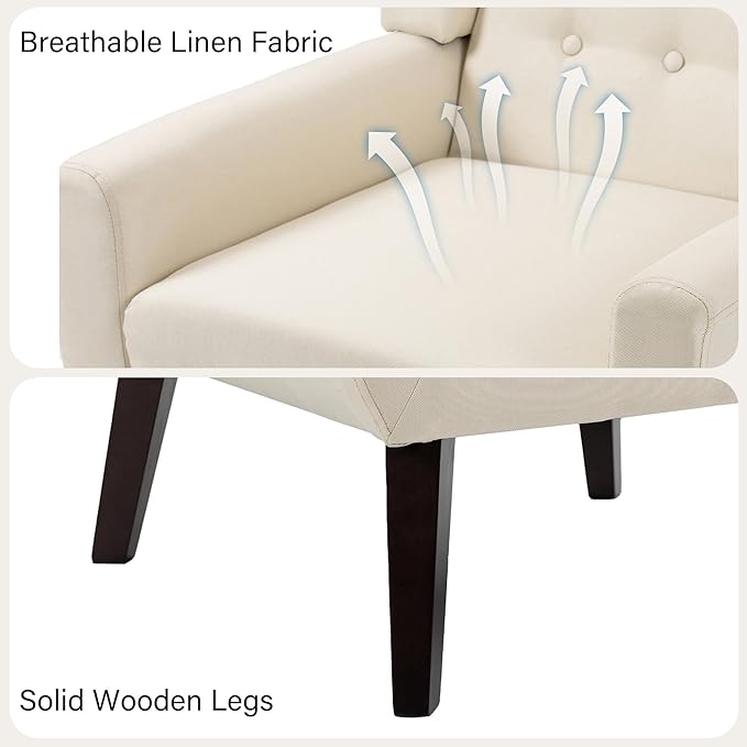 Accent Chair Mid-Century Modern Fabric Chairs with Arms for Living Room Comfy Upholstered Club Single Sofa Armchair for Bedroom Waiting Room with Solid Wood Frame