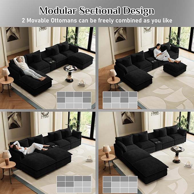 143 Oversized Modular Sectional Sofa U Shaped Cloud Couch 6 Seat Sofa Set for Living Room Comfy Corduroy Deep Seat with Storage Central Console Movable Ottomans USB Ports Cup Holders Black