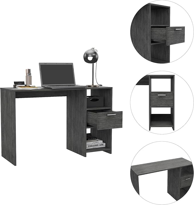 Penau Computer Desk with Drawer and Two Shelves Compact Design for Home Office Spacious Work Surface 43.3W x 17.0D Inches Grey Finish Open Storage Compartments