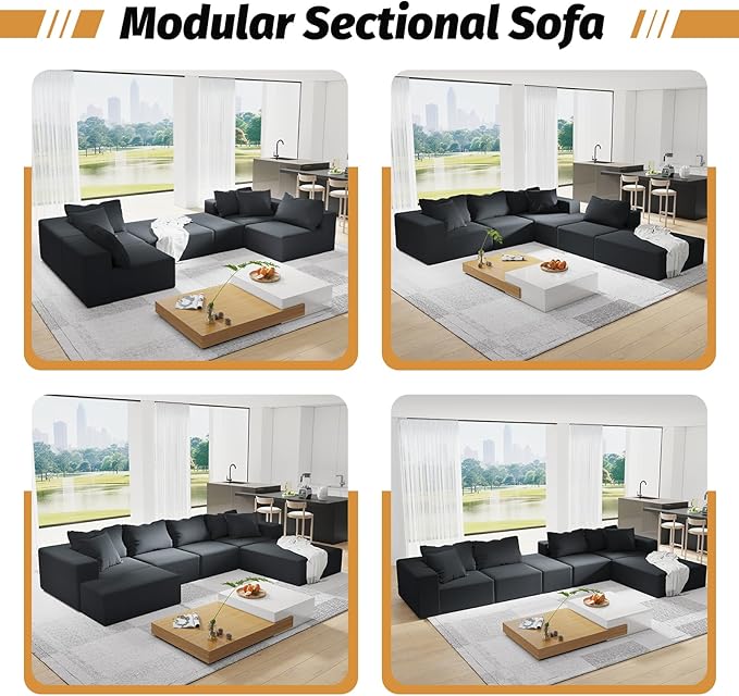 151 Oversized Modular Sectional Sofa Chenille Upholstery Boneless Couch with 6 Pillows 6-Seater Deep Seat Cloud Couch Free Combination Compression Couches for Living Room No Assembly Black