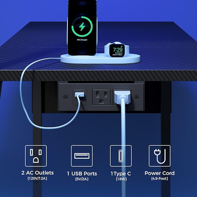 Gaming Desk Computer Desk with Charging Station and LED Light Small PC Desk with Side Storage Bag and Shelves 2 Hooks for Living Room Home Office Bedroom Black CDHS134E01