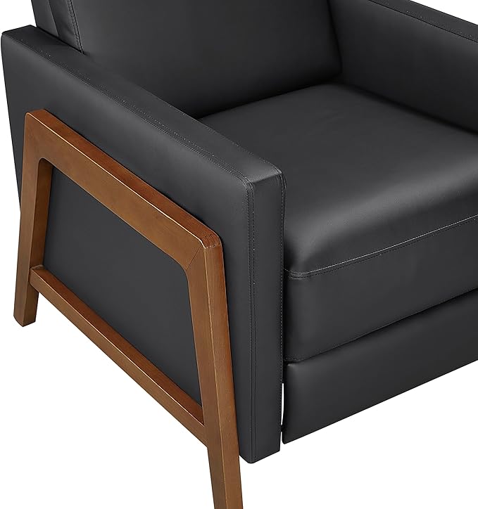 Lexicon Push Back Recliner Chair Faux Leather Upholstered Reclining Chair with Footrest Exposed Dark Brown Finish Wood Frame Small Recliner for Small Space Living Room Bedroom Black
