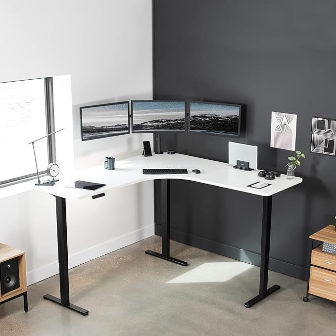 VIVO Electric Height Adjustable 71 x 71 inch Curved Corner Stand Up Desk White Table Top Black Frame Memory Controller L-Shaped Workstation E3C Series DESK-KIT-E3CBW