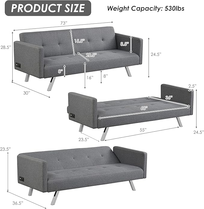Giantex Convertible Futon Sofa Modern 3 Seat Sofa Bed with USB and Power Strip Folding Loveseat Linen Fabric Lounge Couch for Apartment Dorm Easy Assembly (Grey)